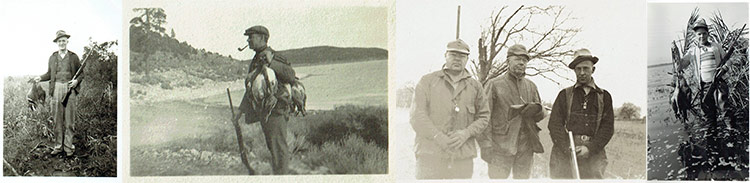 black and white photos of men posing out in the wild hunting ducks